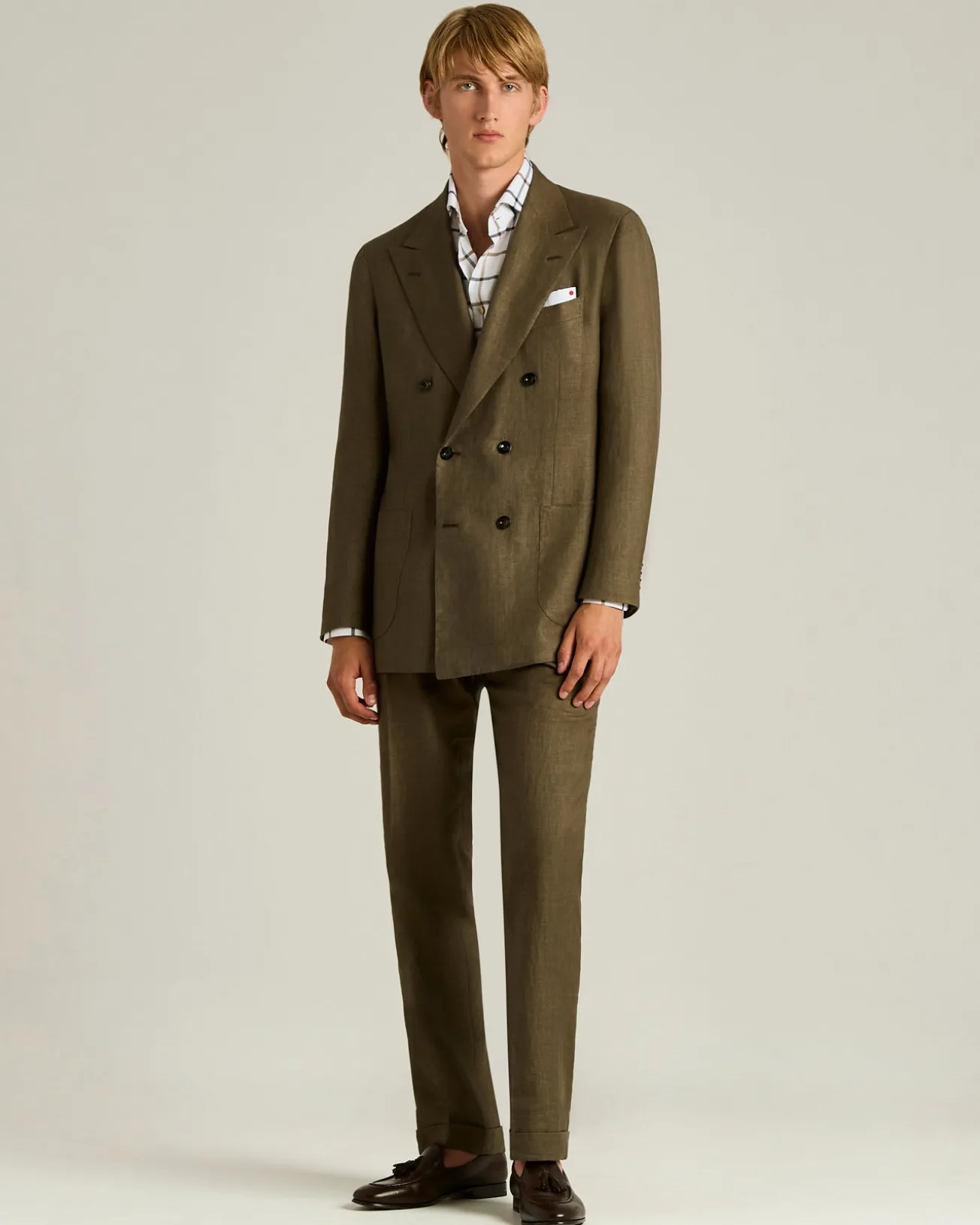 BROWN LINEN, WOOL AND SILK BLEND DOUBLE-BREASTED SUIT