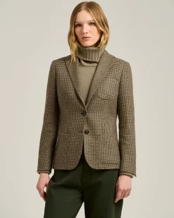 BROWN SINGLE-BREASTED HOUNDSTOOTH PURE CASHMERE BLAZER