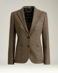 BROWN SINGLE-BREASTED HOUNDSTOOTH PURE CASHMERE BLAZER