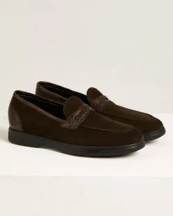 BROWN SUEDE CALFSKIN LOAFERS WITH CROCODILE INSERTS