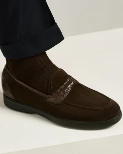 BROWN SUEDE CALFSKIN LOAFERS WITH CROCODILE INSERTS