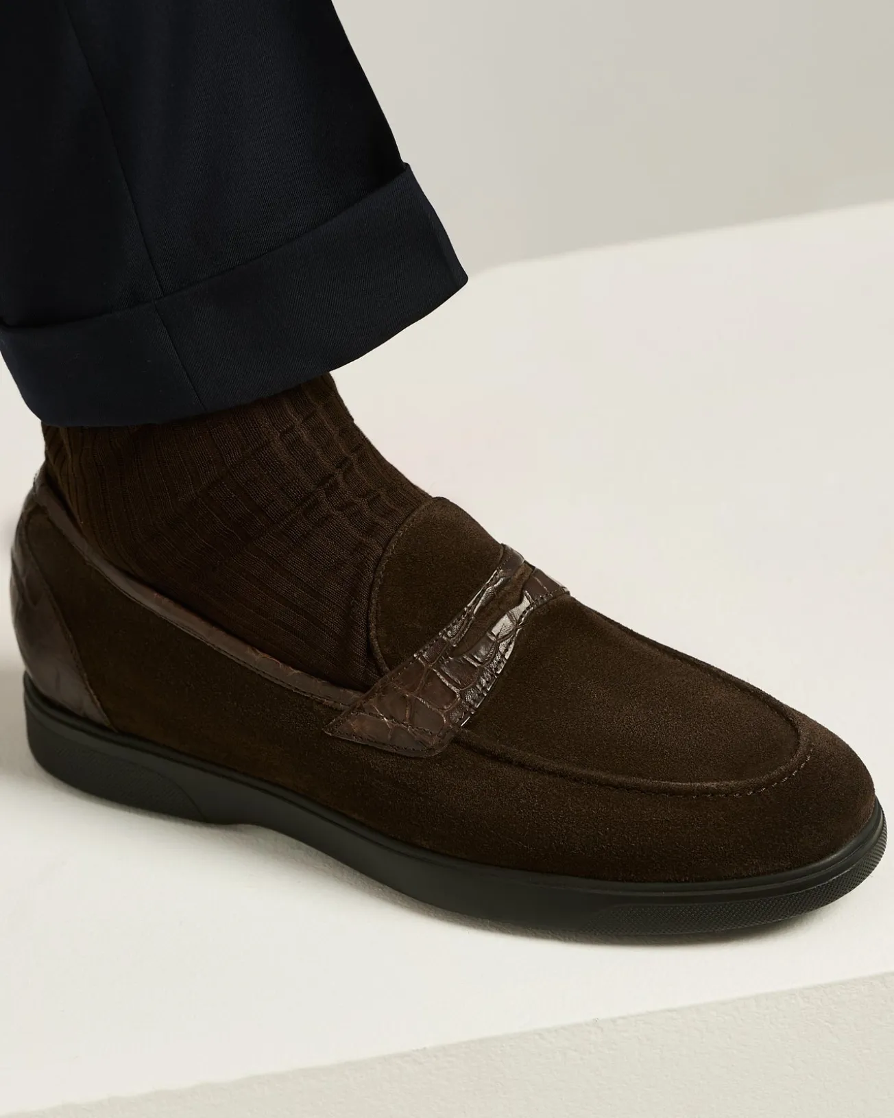 BROWN SUEDE CALFSKIN LOAFERS WITH CROCODILE INSERTS