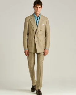 BROWN WOOL, SILK AND LINEN BLEND DOUBLE-BREASTED SUIT