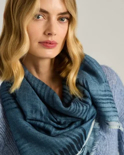 CASHMERE AND SILK BLEND BLUE STOLE IN CALFSKIN TRIM