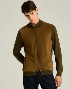 CASHMERE AND SILK BLEND JACKET WITH CONTRASTING DETAILS IN BROWN AND LAMBSKIN