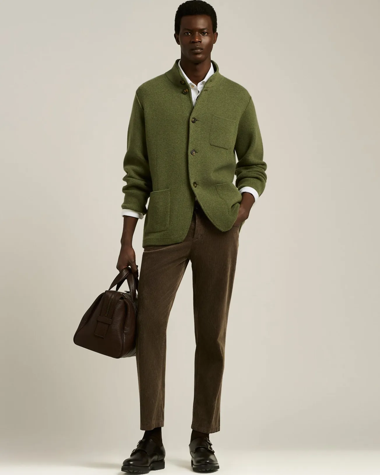 CASUAL JACKET IN PURE GREEN CASHMERE WITH MANDARIN COLLAR