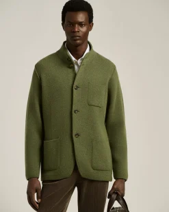 CASUAL JACKET IN PURE GREEN CASHMERE WITH MANDARIN COLLAR