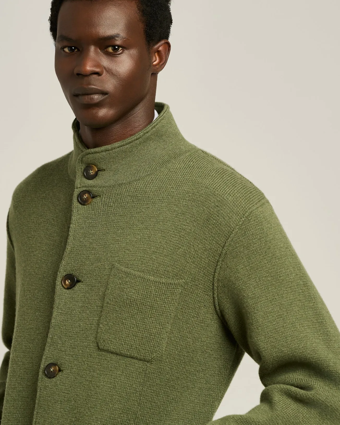 CASUAL JACKET IN PURE GREEN CASHMERE WITH MANDARIN COLLAR