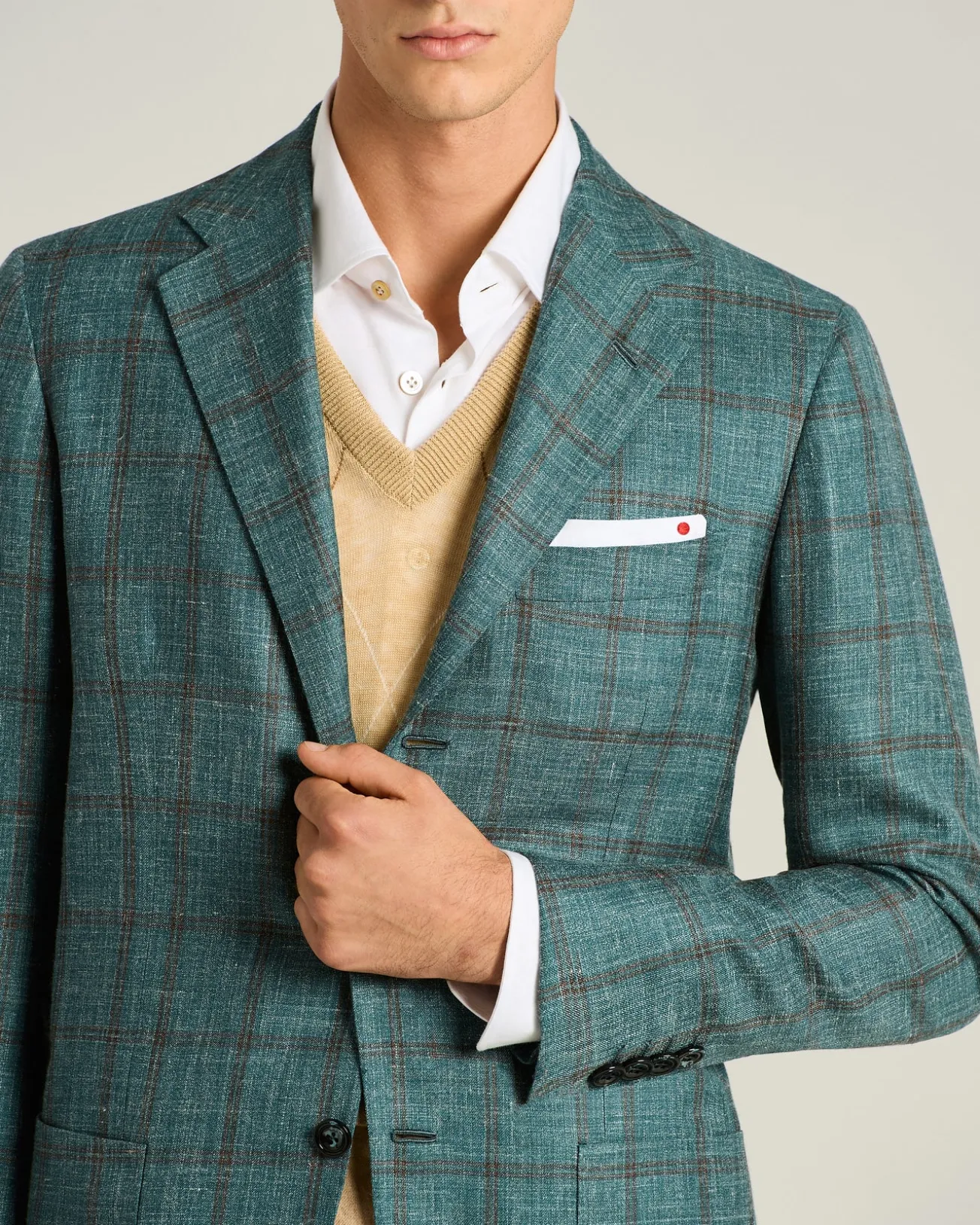 CHECKED SINGLE-BREASTED JACKET IN GREEN CASHMERE SILK LINEN BLEND