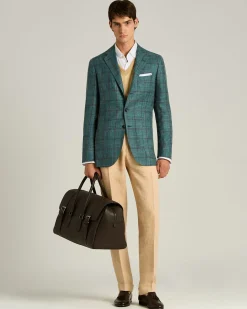CHECKED SINGLE-BREASTED JACKET IN GREEN CASHMERE SILK LINEN BLEND