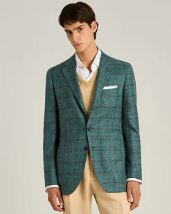 CHECKED SINGLE-BREASTED JACKET IN GREEN CASHMERE SILK LINEN BLEND