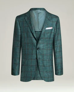 CHECKED SINGLE-BREASTED JACKET IN GREEN CASHMERE SILK LINEN BLEND