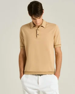 COTTON KNIT SHORT SLEEVED POLO SHIRT IN ROPE AND BRICK COLOUR