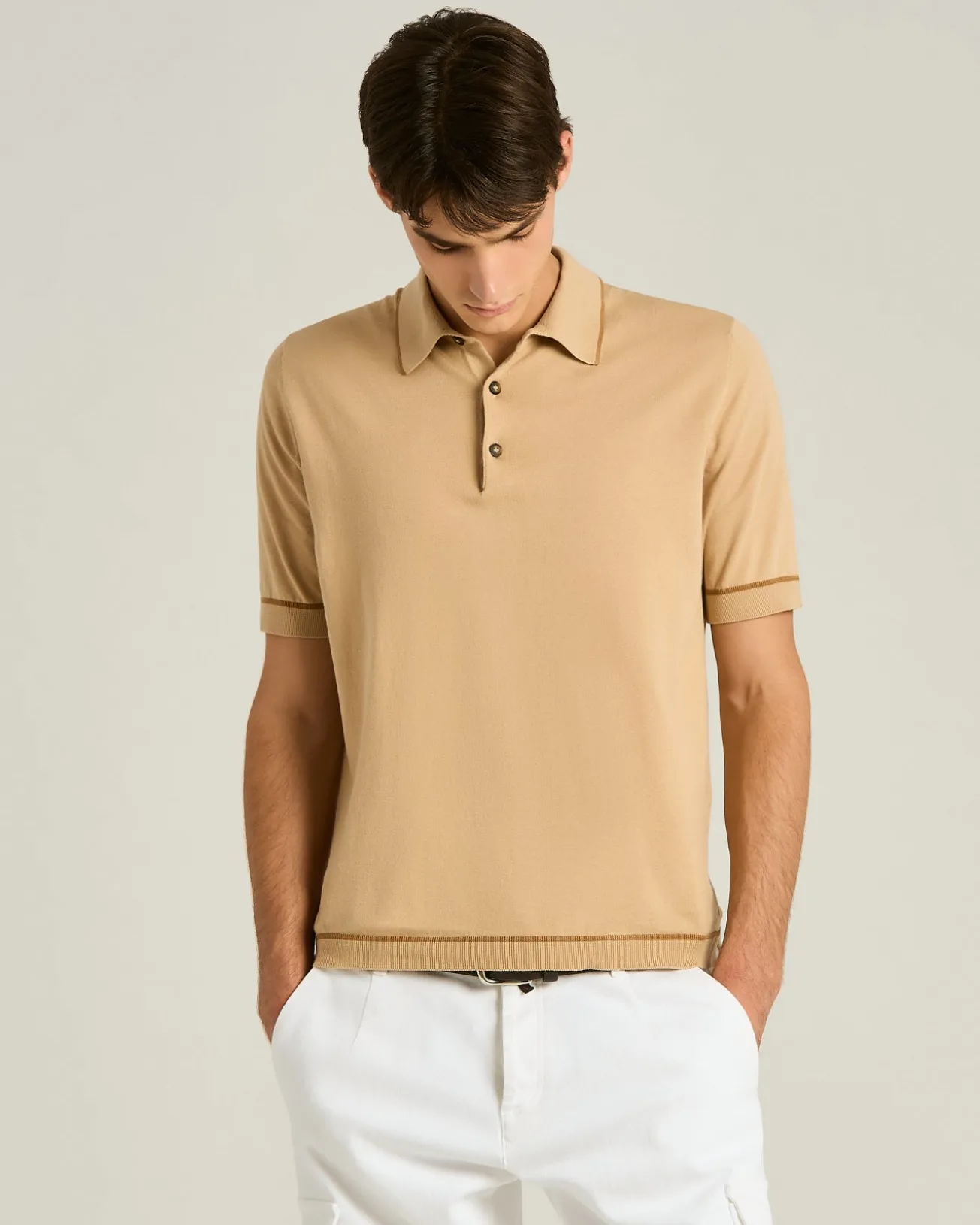 COTTON KNIT SHORT SLEEVED POLO SHIRT IN ROPE AND BRICK COLOUR
