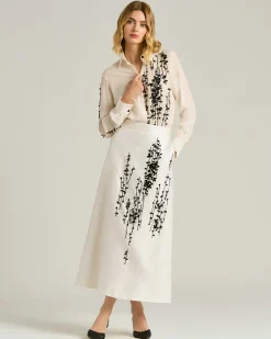 COTTON SILK SATIN TAILORED SKIRT WITH RAISED EMBROIDERY IN OPTICAL WHITE