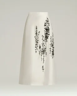 COTTON SILK SATIN TAILORED SKIRT WITH RAISED EMBROIDERY IN OPTICAL WHITE