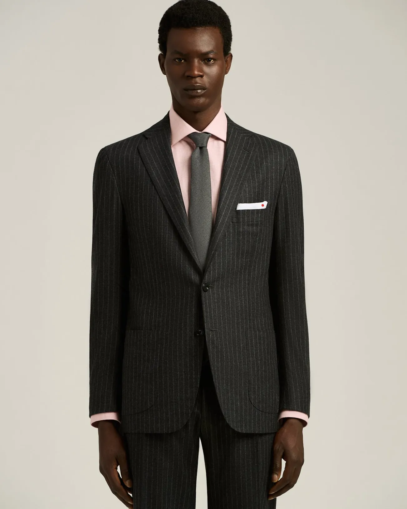 DARK GREY SINGLE-BREASTED WOOL AND CASHMERE PINSTRIPE SUIT