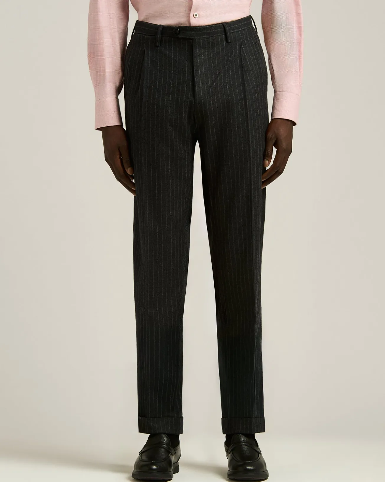 DARK GREY SINGLE-BREASTED WOOL AND CASHMERE PINSTRIPE SUIT