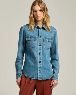 DENIM SHIRT MEDIUM BLUE STRETCH WITH POCKETS