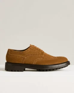 DERBY IN CALFSKIN SUEDE WITH BROGUED FLOWER PATTERN CAMEL