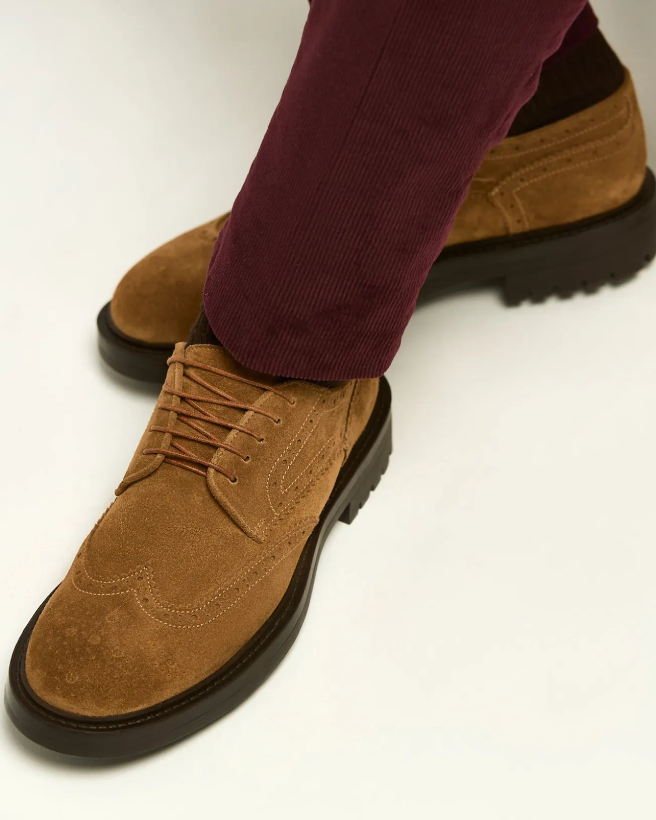 DERBY IN CALFSKIN SUEDE WITH BROGUED FLOWER PATTERN CAMEL