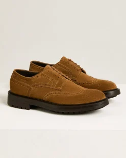 DERBY IN CALFSKIN SUEDE WITH BROGUED FLOWER PATTERN CAMEL