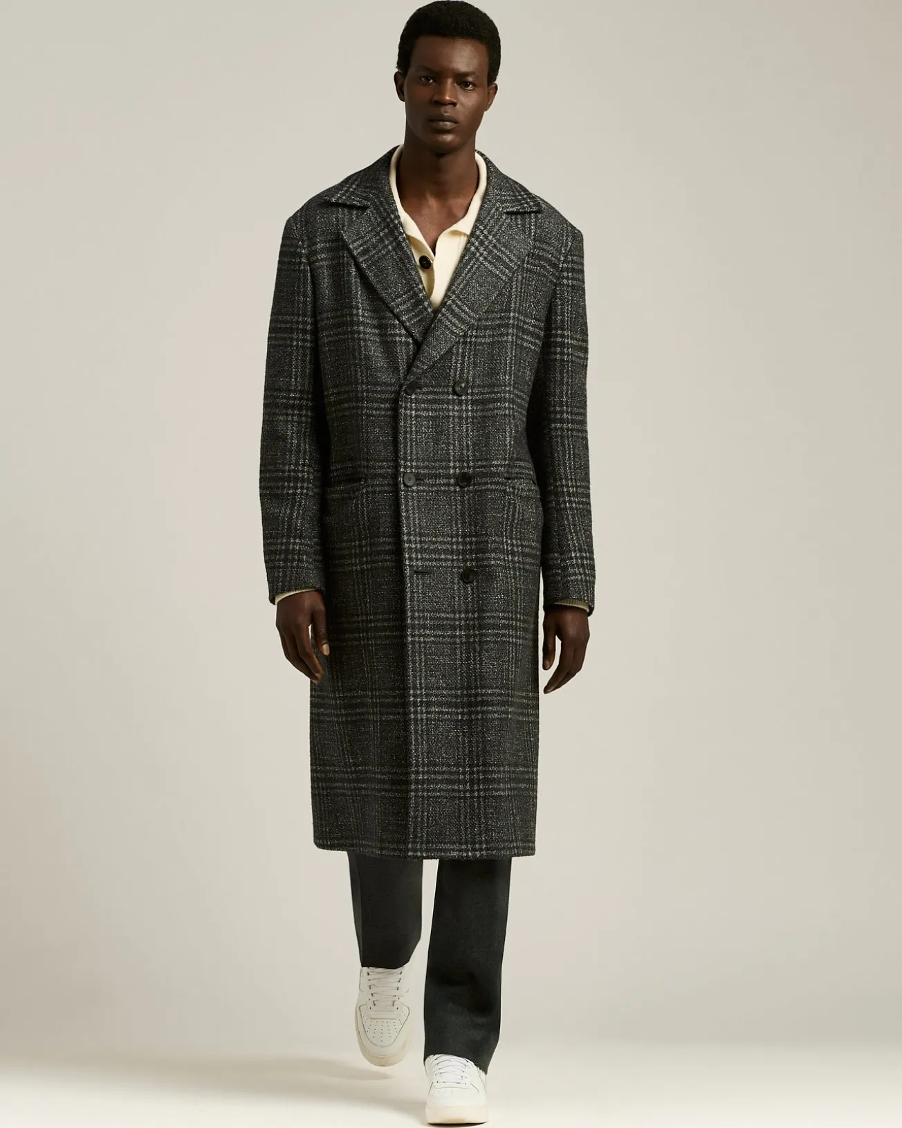 DOUBLE-BREASTED LONG COAT PRINCE OF WALES IN WOOL, CASHMERE AND SILK