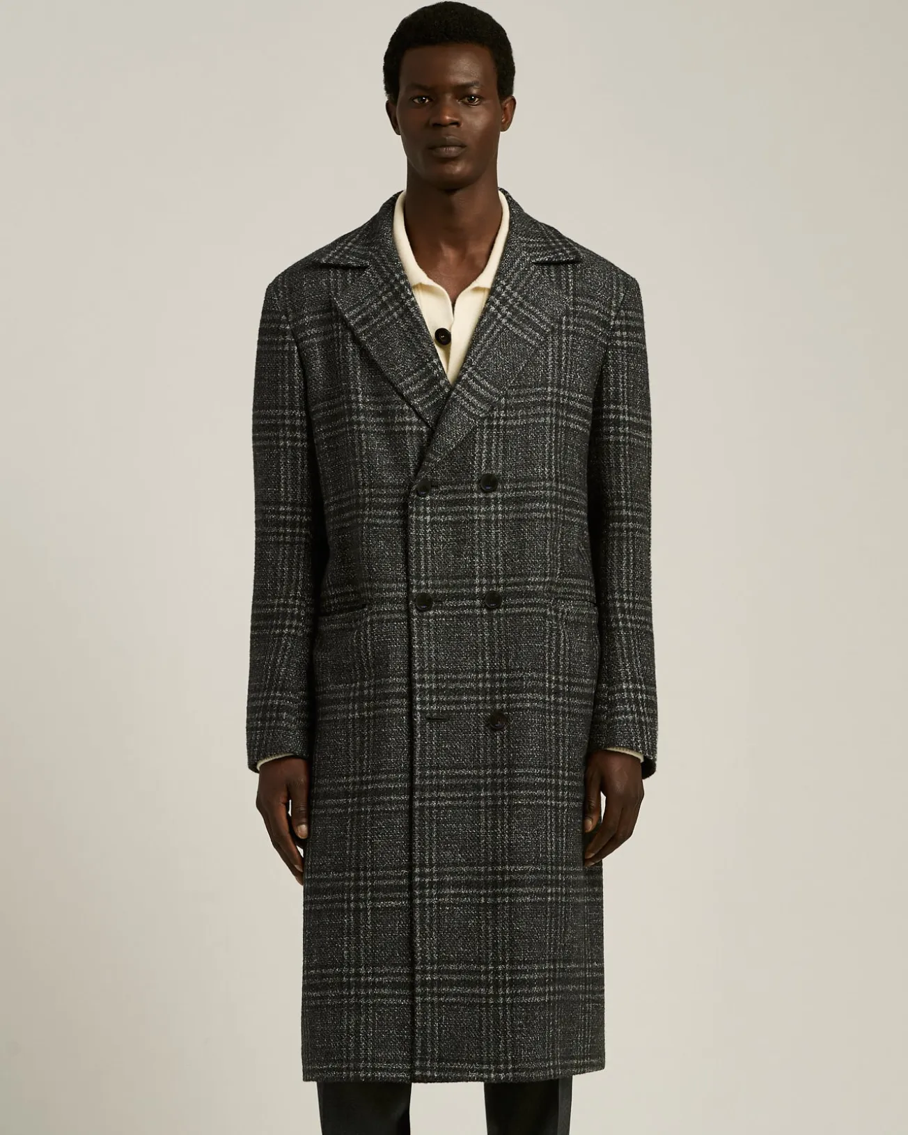 DOUBLE-BREASTED LONG COAT PRINCE OF WALES IN WOOL, CASHMERE AND SILK