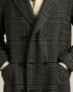 DOUBLE-BREASTED LONG COAT PRINCE OF WALES IN WOOL, CASHMERE AND SILK
