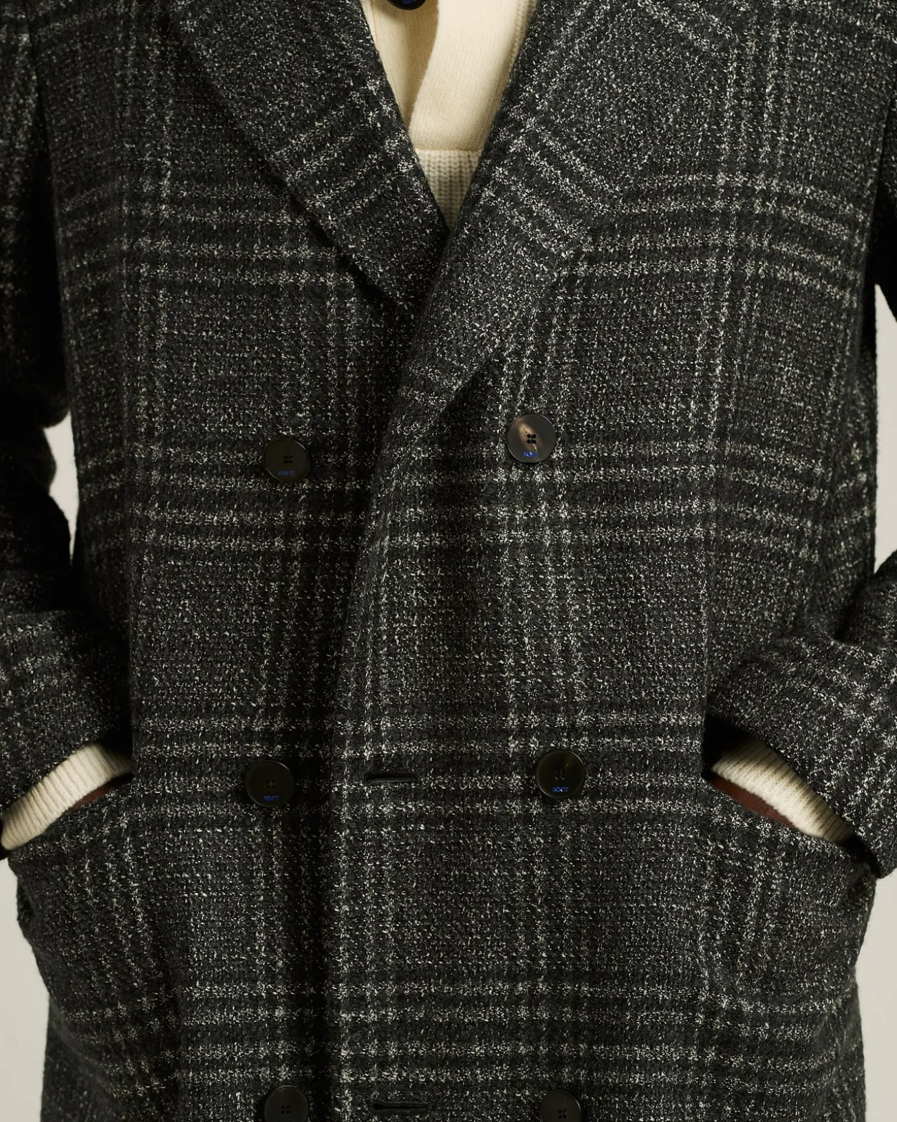 DOUBLE-BREASTED LONG COAT PRINCE OF WALES IN WOOL, CASHMERE AND SILK