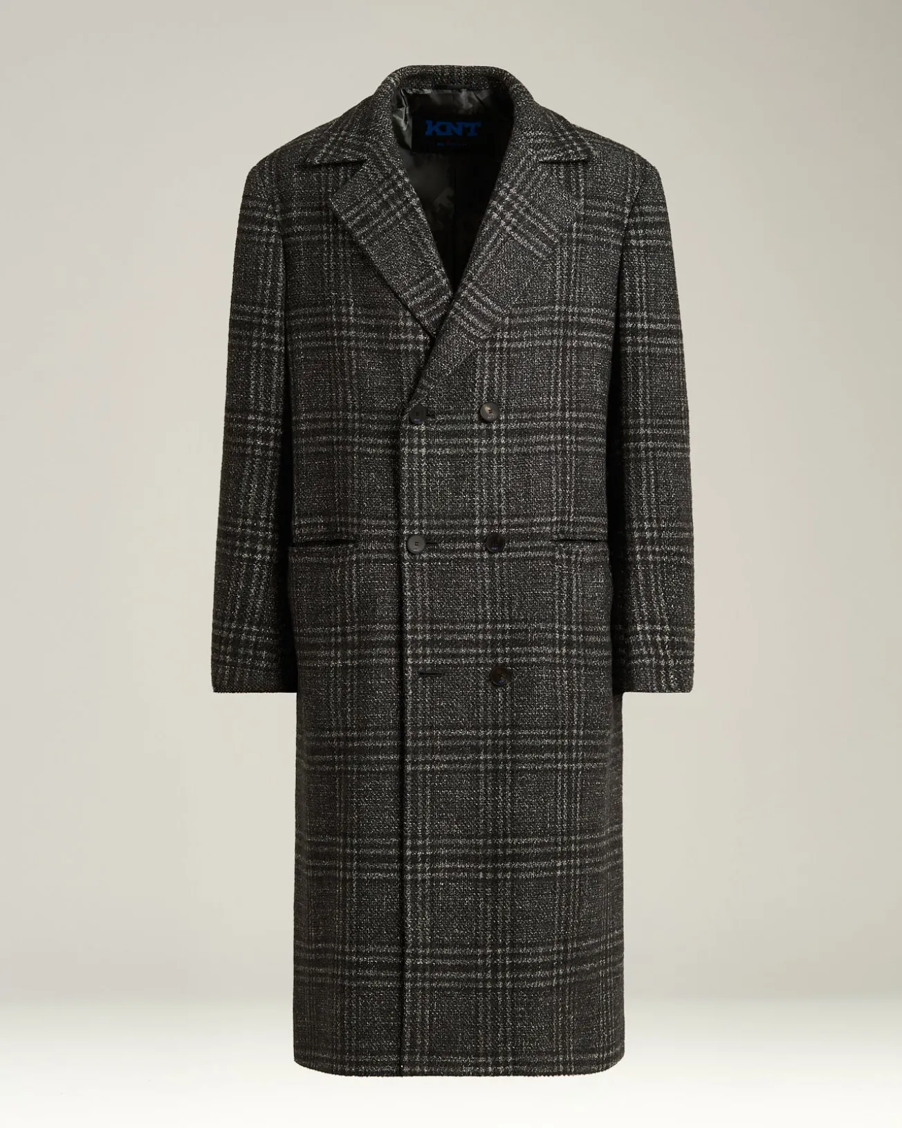 DOUBLE-BREASTED LONG COAT PRINCE OF WALES IN WOOL, CASHMERE AND SILK