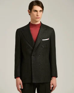 DOUBLE-BREASTED PINSTRIPE SUIT IN GREY WOOL AND CASHMERE