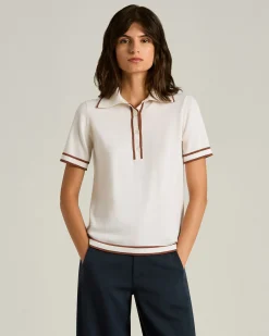 FINE WOOL POLO SHIRT WITH CONTRASTING TRIMS IN WHITE AND HAZELNUT
