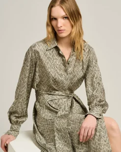 GRAY PRINTED LONG SILK SHIRT DRESS