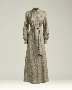 GRAY PRINTED LONG SILK SHIRT DRESS