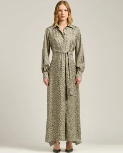 GRAY PRINTED LONG SILK SHIRT DRESS