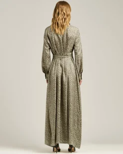 GRAY PRINTED LONG SILK SHIRT DRESS