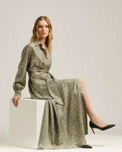 GRAY PRINTED LONG SILK SHIRT DRESS