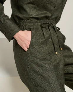GREEN HOUNDSTOOTH WOOL TROUSERS WITH ELASTIC WAIST