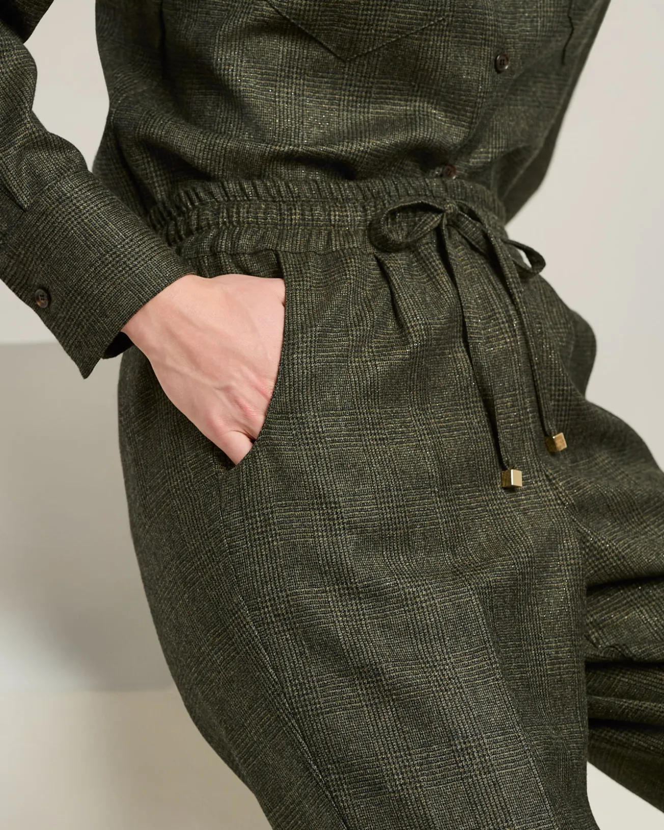 GREEN HOUNDSTOOTH WOOL TROUSERS WITH ELASTIC WAIST