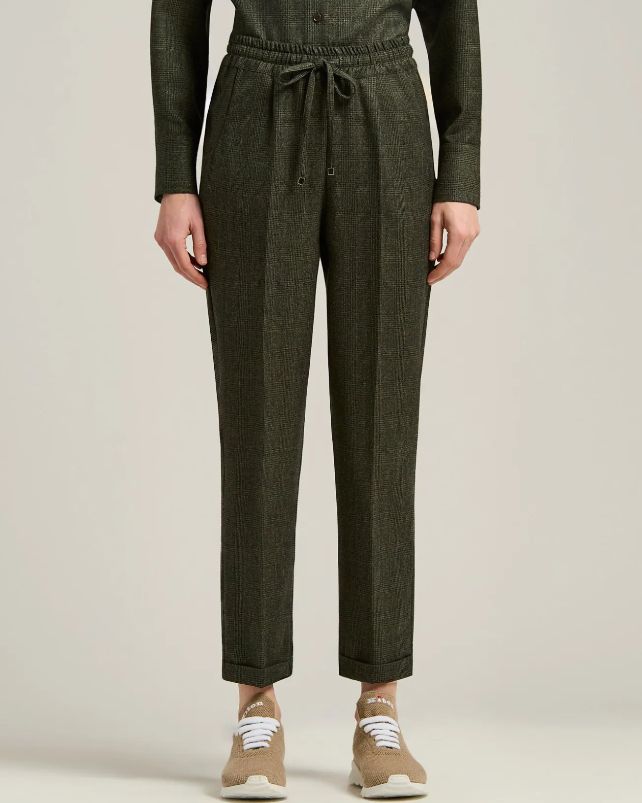 GREEN HOUNDSTOOTH WOOL TROUSERS WITH ELASTIC WAIST