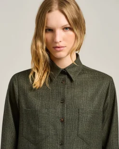 GREEN PRINCE OF WALES WOOL-BLEND BLOUSE