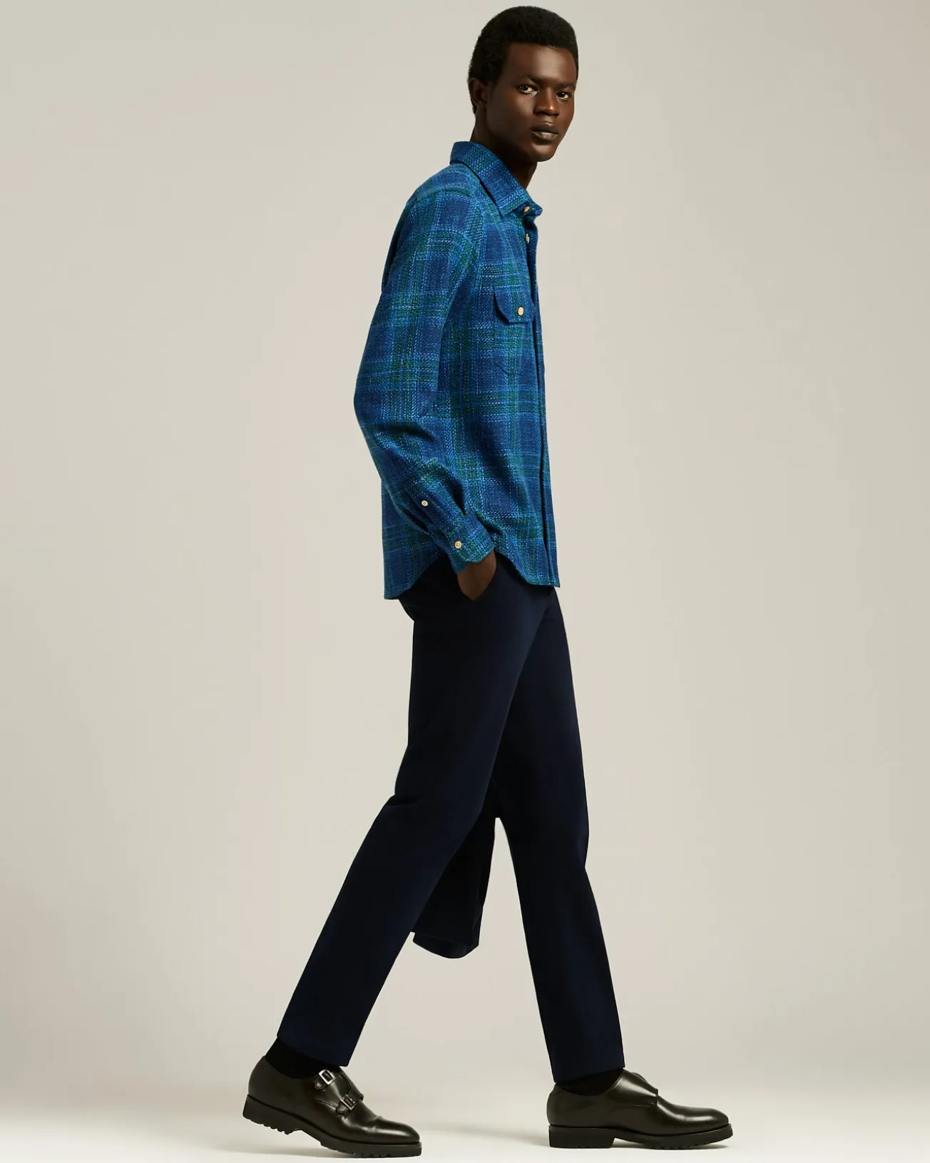 HANDMADE TARTAN OVERSHIRT IN BLUE WOOL BLEND