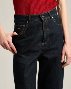 HIGH-WAIST PALAZZO JEANS IN PURE COTTON DARK BLUE