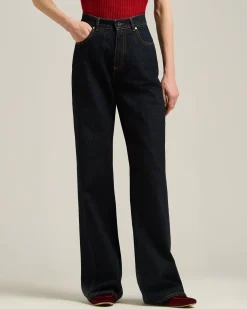 HIGH-WAIST PALAZZO JEANS IN PURE COTTON DARK BLUE