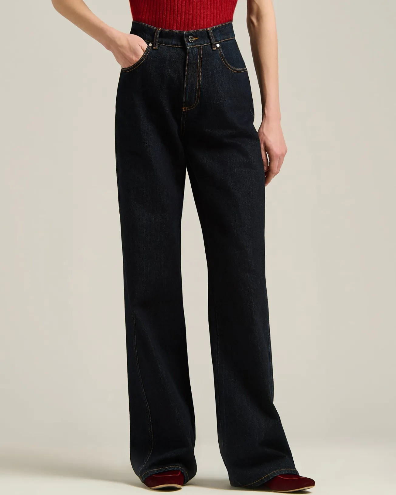 HIGH-WAIST PALAZZO JEANS IN PURE COTTON DARK BLUE