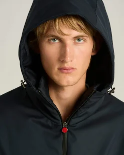 HOODED TECHNICAL FABRIC JACKET IN NAVY BLUE