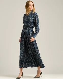 LIGHT BLUE PATTERNED SILK MIDI SHIRT DRESS