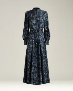 LIGHT BLUE PATTERNED SILK MIDI SHIRT DRESS
