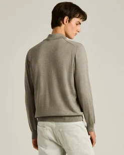 LIGHTWEIGHT KNIT LONG SLEEVED POLO SHIRT BRIGHT GREY AND MOTHER OF PEARL